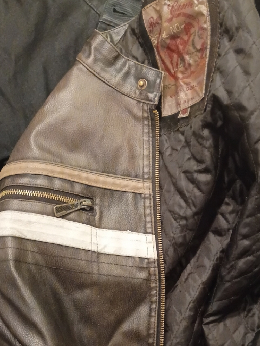 Red Camel Brown Leather Bomber Jacket with White Stripe